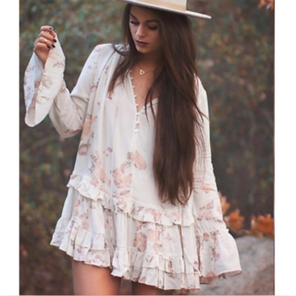 Free People Clover Field Cream Floral Ruffle Boho Tunic Mini Dress XS